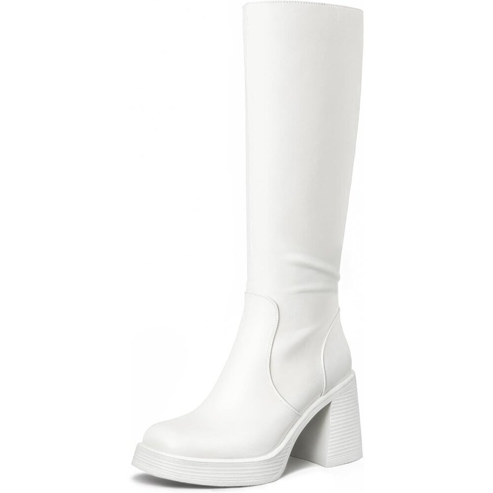 Women's White Calf Platform Tall  Square Toe Chunky Block Heeled Boots